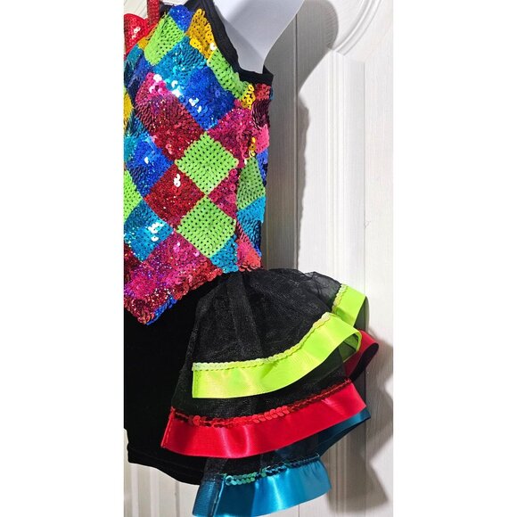 Girls Sequin Harlequin Dance Costume Ruffle Tutu Sequin Bowtie Broadway Star ISC - Picture 5 of 11